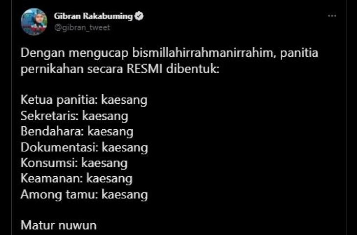 Gibran Rakabuming bikin celetukan sudah membuat panitia pernikahan Kaesang Pangarep (Twitter/gibran_tweet)