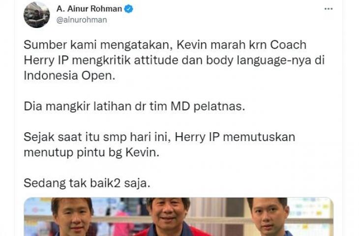 Heboh kabar renggangnya hubungan Kevin Sanjaya dengan Herry IP. (Twitter/@ainurohman)