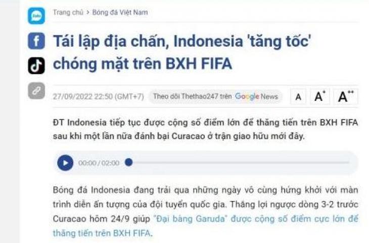 Media Vietnam puji Timnas Indonesia karena berhasil memperbaiki ranking FIFA dalam waktu singkat (The Thao 247)