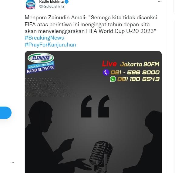 Pernyataan Menpora Zainudin Amali disorot netizen usai tragedi di Stadion Kanjuruhan. (Twitter/@RadioElshinta)