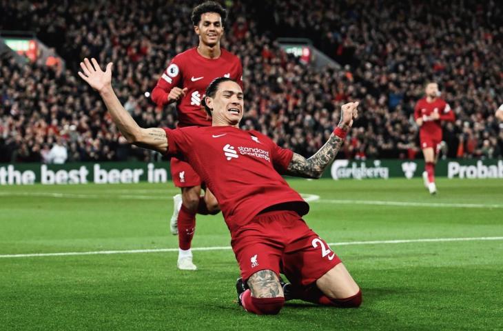 Selebrasi Darwin Nunez usai cetak gol saat Liverpool taklukkan West Ham United 1-0 dalam lanjutan Liga Inggris 2022/2023. (Twitter)