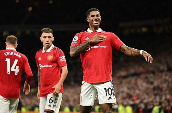 Selebrasi Pemain Manchester United Marcus Rashford saat lawan West Ham di Liga Inggris. (AFP/Oli Scarff)