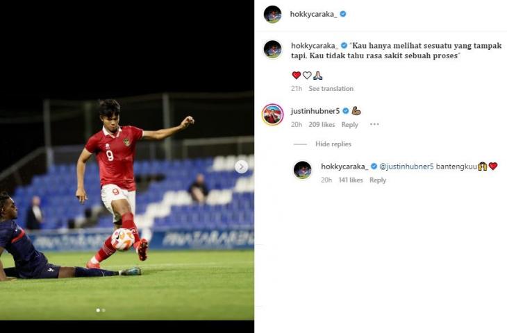 Panggilan khusus Hokky Caraka untuk Justin Hubner. Keduanya tampak saling akrab, sehingga bagus untuk timnas Indonesia U-20. (Instagram/hokkycaraka_)