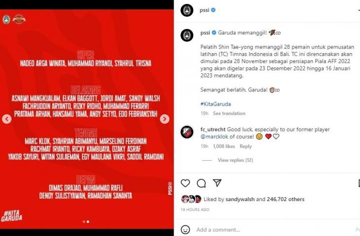 FC Utrecht doakan timnas Indonesia sukses di Piala AFF 2022. (Instagram/PSSI)