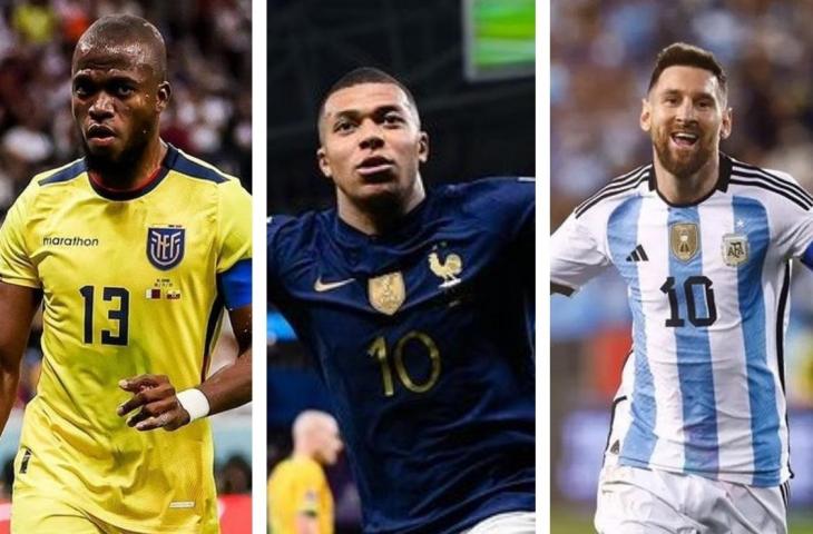 Kolase foto Enner Valencia, Kylian Mbappe dan Lionel Messi dalam perebutan top skor di Piala Dunia 2022.