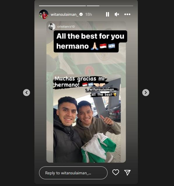 Witan Sulaeman dapat dukungan dari pemain Argentina yang merupakan rekan setim di AS Trencin. (Instagram/witansulaiman_)