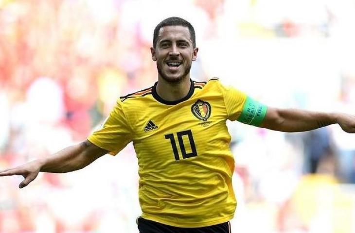 Eden Hazard saat berseragam Timnas Belgia melakukan selebrasi setelah cetak gol ke gawang lawan. (Instagram/@hazardeden_10)