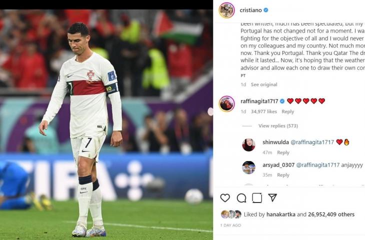 Tangkapan layar curhatan Cristiano Ronaldo yang gagal bawa Portugal di Piala Dunia. (Instagram/@cristiano)