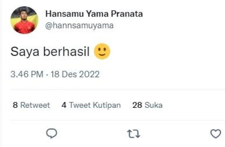 Hansamu Yama beri kode masuk skuad timnas Indonesia di Piala AFF 2022. (Twitter/@hannsamuyama)