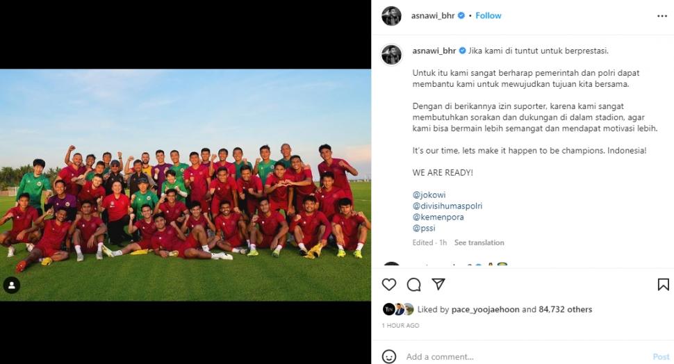 Asnawi Mangkualam minta bantuan pemerintah agar timnas Indonesia juara. (Instagram/asnawi_bhr)