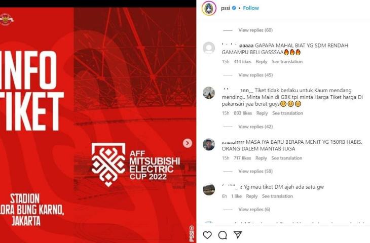 Tanggapan netizen soal harga tiket Timnas Indonesia yang mahal. (Instagram/@pssi)