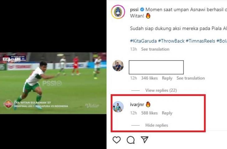 Ivar Jenner mengomentari postingan PSSI (Instagram/PSSI)