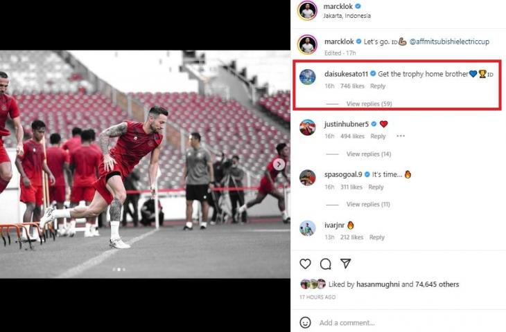 Daisuke Sato dukung Marc Klok juara Piala AFF 2022 bersama timnas Indonesia. (Instagram/marcklok)