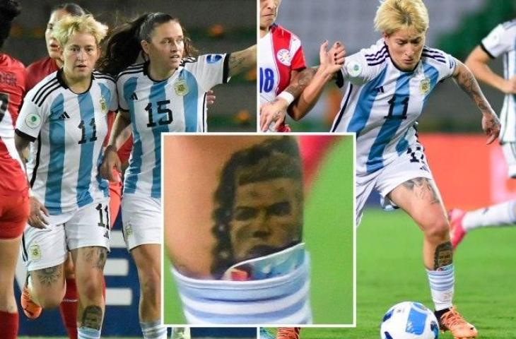 Pemain Timnas Wanita Argentina, Yamila Rodriguez yang punya tato wajah Cristiano Ronaldo. (Twitter/@IrishSunSport)