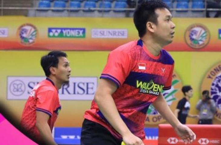 Ganda putra Hendra Setiawan/Mohammad Ahsan di India Open 2023. (Instagram/@ina.badminton)