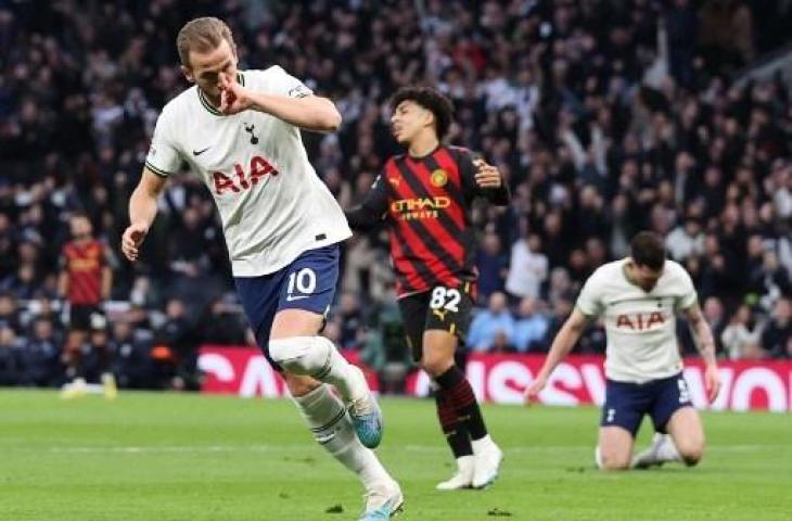 Selebrasi Harry Kane usai cetak gol saat Tottenham Hotspur taklukkan Manchester City 1-0. (AFP)