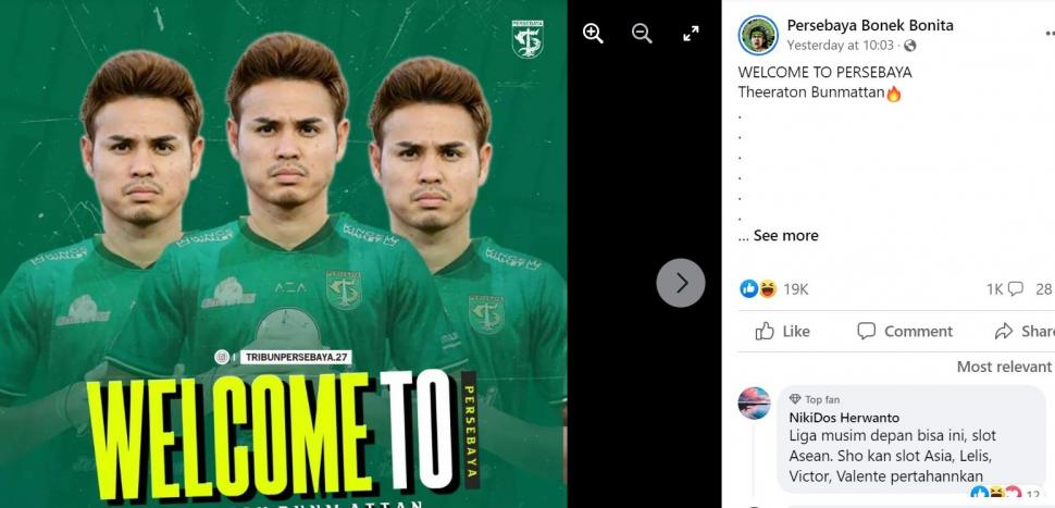 Beredar potret Theerathon Bunmathan gabung Persebaya Surabaya. (Facebook/Persebaya Bonek Bonita)