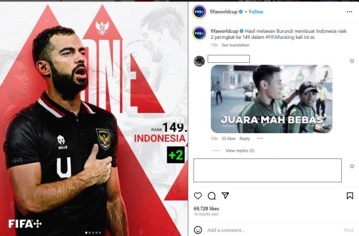 FIFA memberikan ucapan selamat atas prestasi Timnas Indonesia di ranking FIFA (Instagram/fifaworldcup)