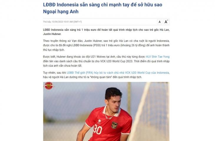 Media Vietnam sebut kalau pihak Justin Hubner meminta uang tebusan ke PSSI (The Thao 247)