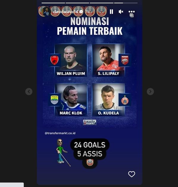 Reaksi David Da Silva soroti nominasi Pemain Terbaik BRI Liga 1 2022/2023. (Instagram/davidasilva14)