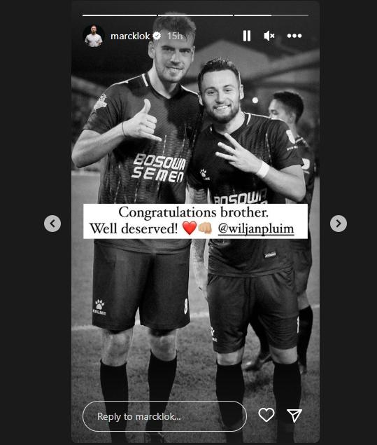 Marc Klok selamati Wiljan Pluim yang dinobatkan jadi Pemain Terbaik BRI Liga 1 2022/2023. (Instagram/marcklok)