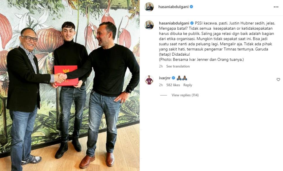 Ivar Jenner merespons kabar batalnya Justin Hubner dinaturalisasi. (Instagram/hasaniabdulgani)