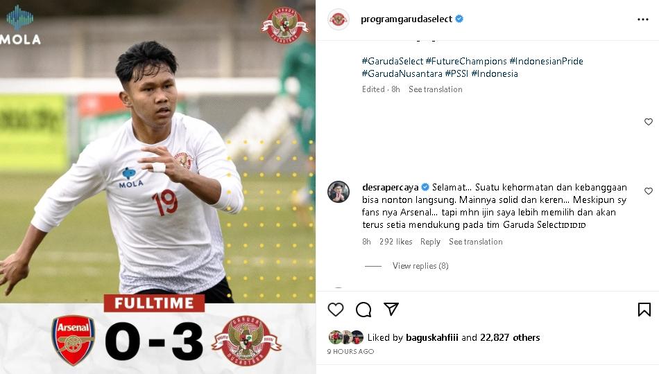 Dubes RI di London terpukau menyaksikan laga Garuda Select vs Arsenal. (Instagram)