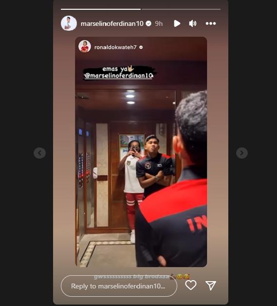 Ronaldo Kwateh titip pesan medali emas ke Marselino Ferdinan. (Instagram/ronaldokwateh7)