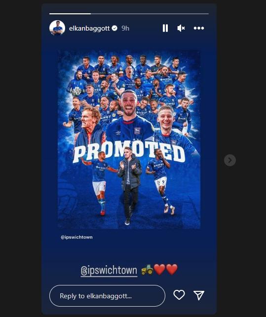 Unggahan Elkan Baggott terkait Ipswich Town promosi. (Instagram/elkanbaggott)