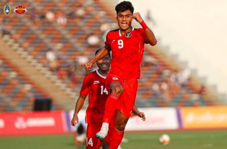 Selebrasi Ramadhan Sananta usai cetak gol saat Timnas Indonesia U-22 bantai Myanmar 5-0 di SEA Games 2023. (PSSI)