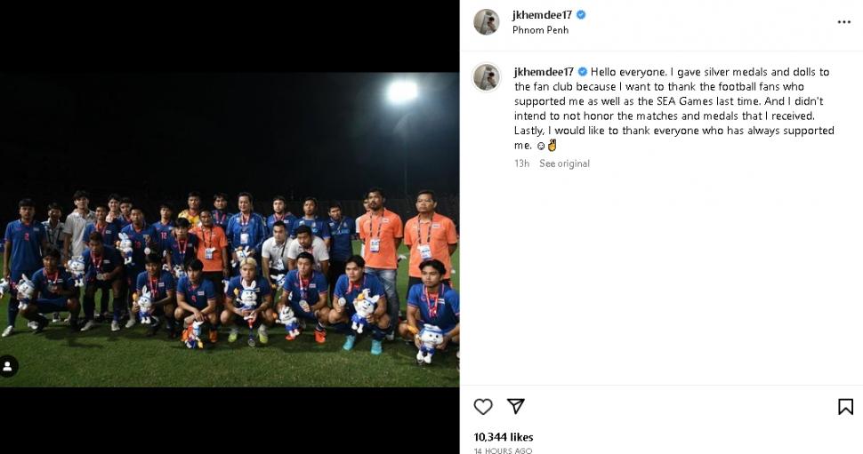 Jonathan Khemdee klarifikasi lempar medali perak SEA Games 2023. (Instagram/@jkhemdee17)