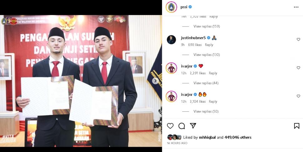 Justin Hubner bereaksi usai Ivar Jenner dan Rafael Struick resmi jadi WNI. (Instagram/@pssi)