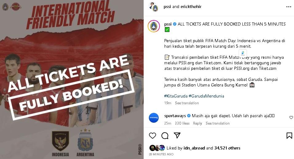 Tiket Timnas Indonesia vs Argentina ludes terjual. (Instagram/@pssi)