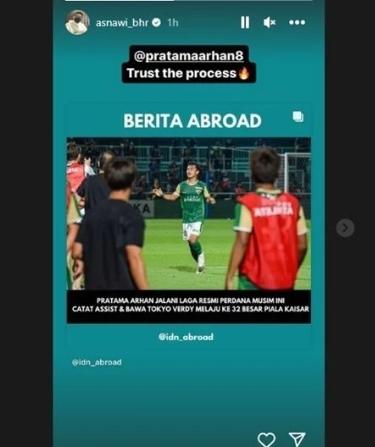 Postingan Asnawi Mangkualam untuk semangati Pratama Arhan. (Instagram/@asnawi_bhr)