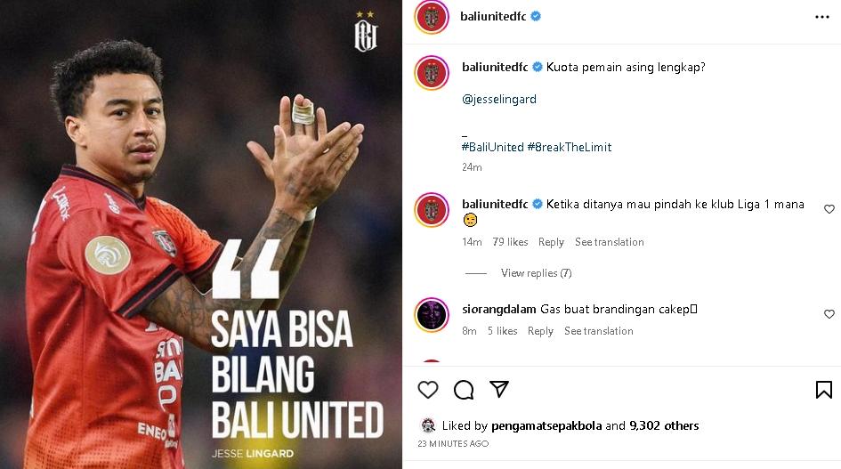 Akun Bali United balas celetukan Jesse Lingard. (Instagra/@jesselingard)