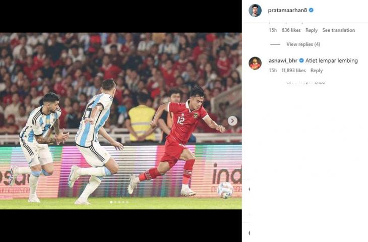 Asnawi Mangkualam ledek Pratama Arhan usai timnas Indonesia vs Argentina. (Instagram/pratamaarhan8)