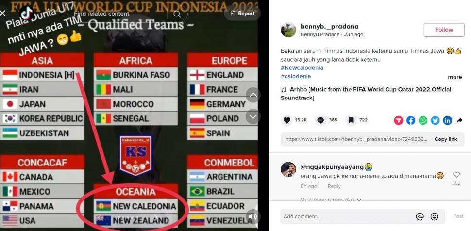 Netizen sebut Kaledonia Utara sebagai Timnas Jawa. (TikTok/@bennyb._pradana)