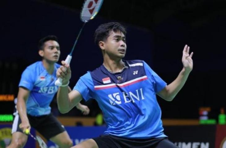 Rahmat Hidayat saat dipasangkan dengan Pramudya Kusumawardana di Indonesia Masters 2022 Super100. (ANTARA/HO/PBSI)