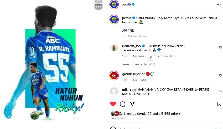 Ricky Kambuaya dilepas oleh Persib Bandung. (Instagram/@persib)