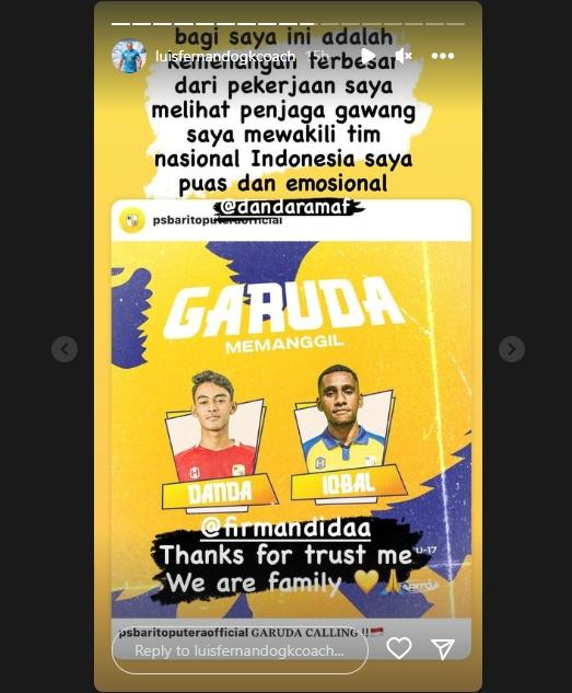 Bangganya pelatih Barito Putera usai anak didiknya dipanggil TC timnas Indonesia U-17. (Instagram/luisfernandogkcoach)