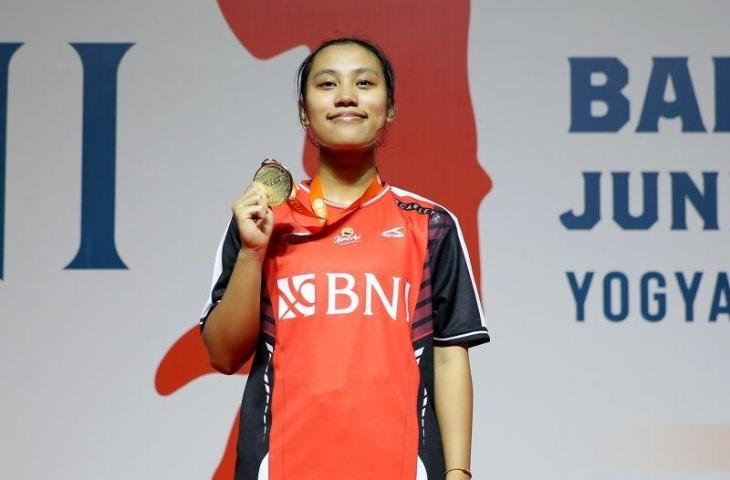 Pebulu tangkis Mutiara Ayu Puspitasari mengukir sejarah dengan menjadi tunggal putri Indonesia pertama yang menjuarai Kejuaraan Badminton Junior Asia (BAJC) sejak pertama kali digelar pada 1997, lewat kemenangan babak final BAJC 2023 di Yogyakarta, Minggu. (ANTARA/HO-PP PBSI)