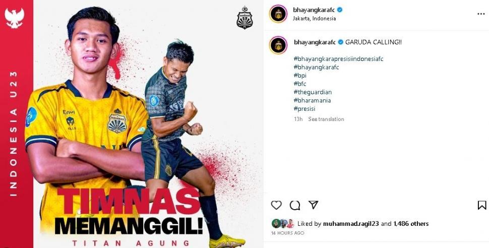 Titan Agung dipanggil ke Timnas Indonesia U-23. (Instagram/@bhayangkarafc)