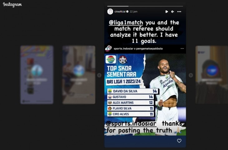 Ciro Alves melakukan protes terkait jumlah gol ke instagram Liga 1 (tangkap layar story IG Ciro Alves)