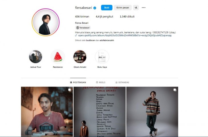 Tangkap layar Instagram Fiersa Besari