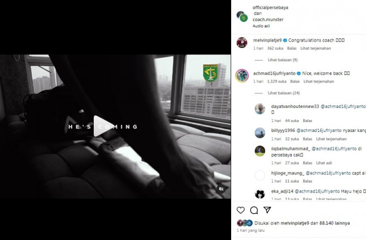 Tulisan pemain Persib, Achmad Jufriyanto di kolom komentar Instagram Persebaya. 