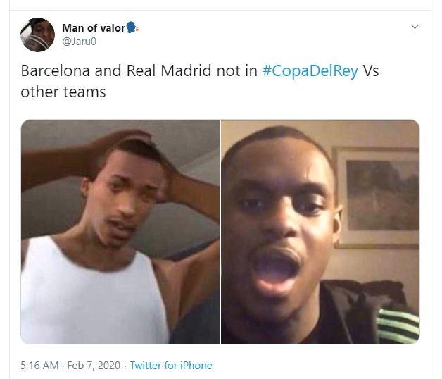 Meme Barcelona dan Real Madrid tersingkir dari Copa del Rey. (Twitter_Jaru0)