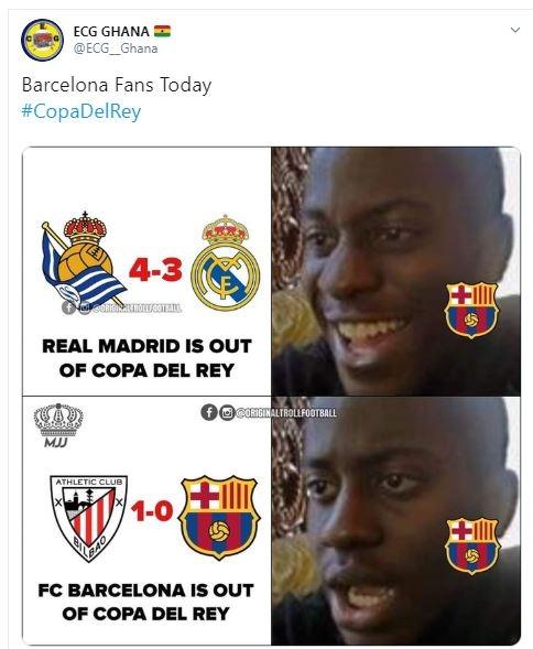 Meme Barcelona dan Real Madrid tersingkir dari Copa del Rey. (Twitter/ ECG_Ghana)