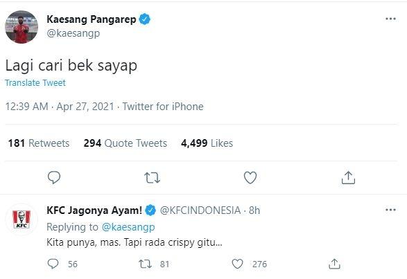 Kaesang yang lagi mencari bek sayap mendapatkan respons tak terduga dari KFC. (Twitter/ kaesangp)