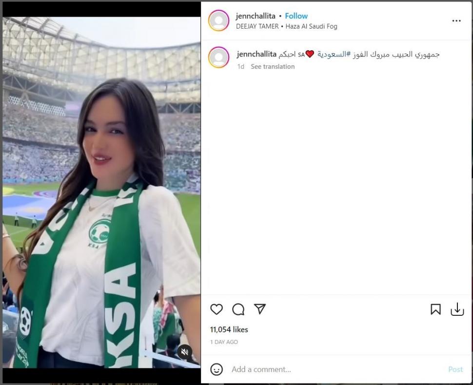 Pendukung Arab Saudi di Piala Dunia 2022 ini menarik perhatian netizen. (Instagram @jennchallita)