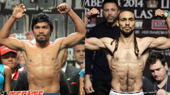 Kolase Foto Manny Pacquiao dan Keith Thurman. [AFP/Joe Klamar/John Gurzinski]